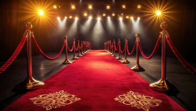 A luxurious red carpet event setup with velvet ropes and bright spotlights creating a glamorous atmosphere.