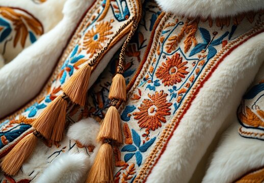 Traditional Alaskan Eskimo jerkin coat featuring detailed floral patterns and elegant tassels for a luxurious aesthetic.