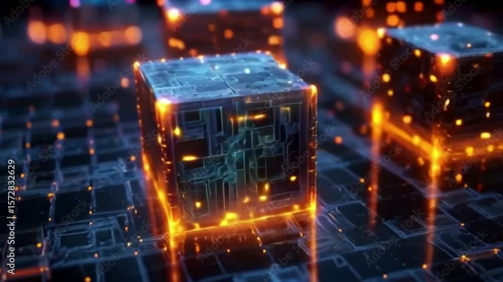 Poster abstract cubes with glowing circuitry