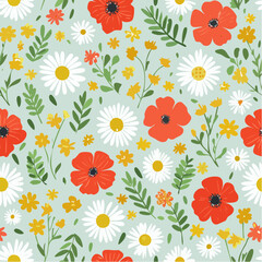 Seamless vector pattern with abstract poppy, daisy, camomile, dandelion flowers and branches. Cute country style floral background. Vintage cottagecore. Wallpaper, wrapping paper, surface design