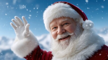 Santa Claus in red and white outfit waving hands joyfully on a plain white background.