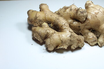 Raw ginger roots, with distinctive knobby and earthy appearance isolated on a clean white...