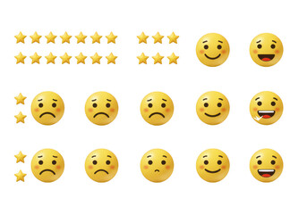 Fototapeta premium A collection of rating stars and emojis representing customer feedback and satisfaction levels isolated on transparent background