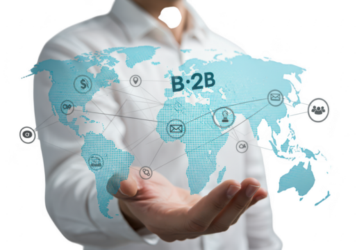 A hand presents a world map with b2b connections, symbolizing global business networking and trade isolated on transparent background
