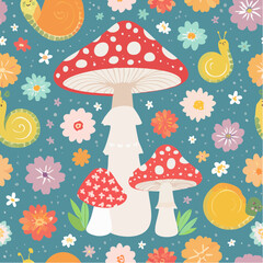 Colorful groovy seamless pattern with mushroom, snail and flowers. 70s and 60s style vintage hippie amanita background. Psychedelic seventies texture. Vector graphic design.