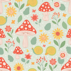 Colorful groovy seamless pattern with mushroom, snail and flowers. 70s and 60s style vintage hippie amanita background. Psychedelic seventies texture. Vector graphic design.