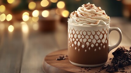 A creamy mocha latte in a cup, topped with whipped cream, with a cozy setting and room for text