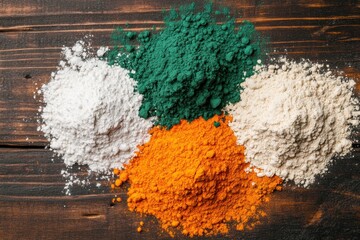 Bright colorful paints gulal, abir powder: aesthetic natural eco-friendly powders for Holi celebration in the colors of the Indian flag white, orange and green	