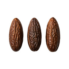 Tonka beans isolated on transparent background with rich dark color and wrinkled aromatic texture

