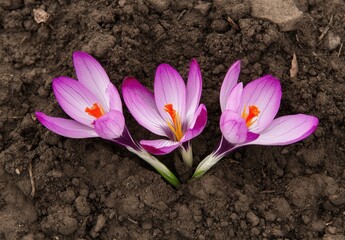 A Vibrant Display of Blooming Crocus Flowers Emerging from Rich, Dark Soil Signifying the Beauty of Nature's Awakening in Spring