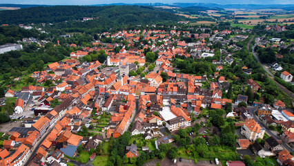 Aerial view around the old town in the city Bad Gandersheim  on an cloudy spring day in Germany