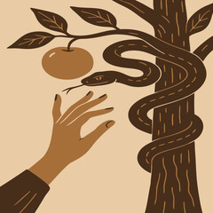 Woman's hand reaching for fruit with snake on tree" – a detailed vector scene symbolizing desire, danger, and choice in a minimalistic style.