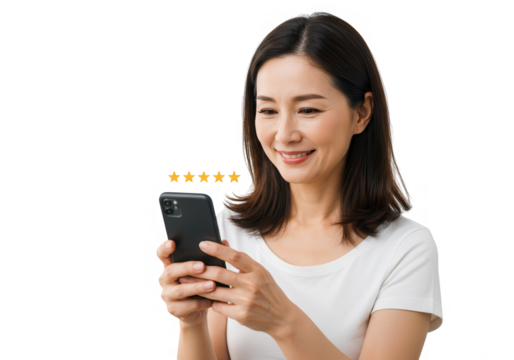 An asian woman is looking at her phone with a positive review and five stars isolated on transparent background