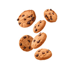 Flying chocolate chips cookies isolated on transparent background with crunchy texture and sweet appeal
