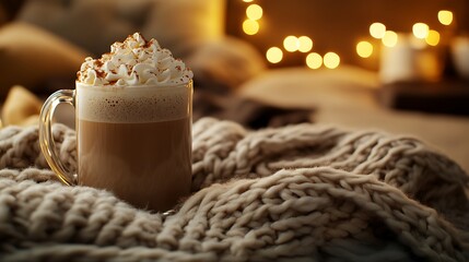 A creamy mocha latte in a cup, topped with whipped cream, with a cozy setting and room for text