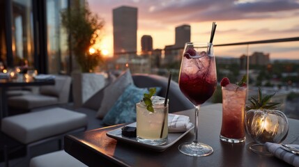 Sunset cocktail hour on rooftop bar city skyline drinks photography relaxing atmosphere evening view