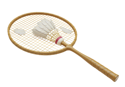 Isolated Badminton Racket with Shuttlecock Feathers