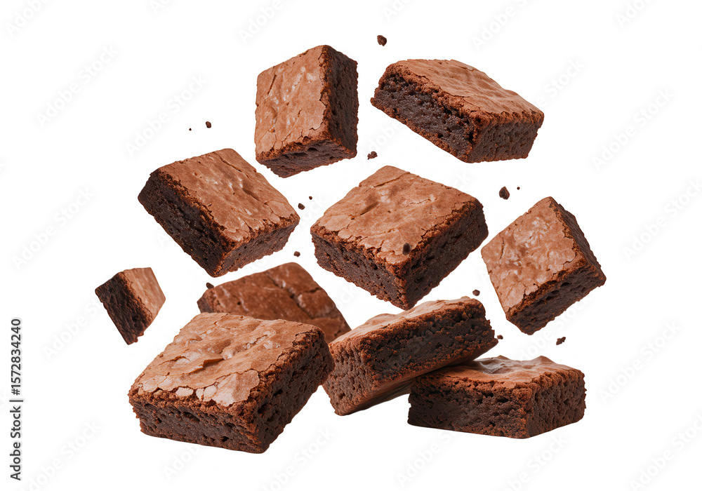 Poster a tempting array of chocolate brownies float in midair, inviting indulgence and sweet delight isolat