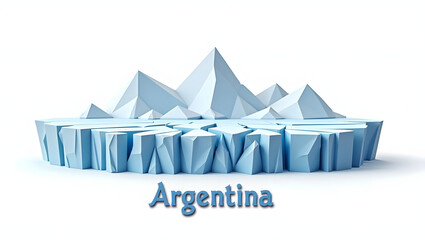 3d illustration of Perito Moreno Glacier with the word 'Argentina' beneath. Ice textures and soft blue tones on white background.