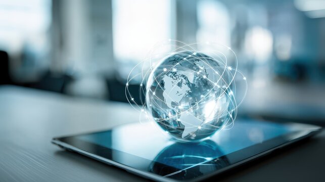 Transparent glass globe with white glowing lines circling it, symbol of tech planet connection and digital earth in global network