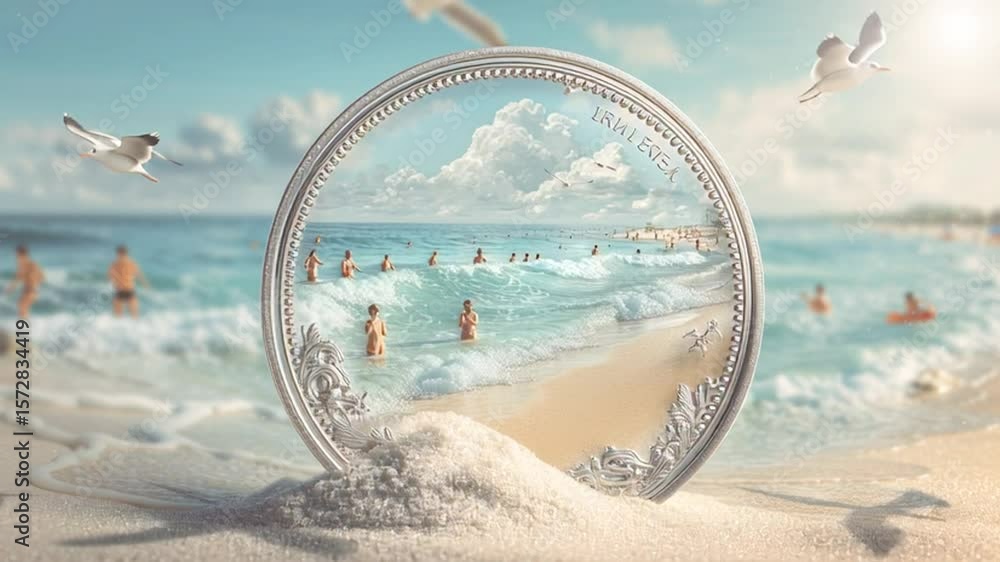 Poster artistic representation of beach life captured within a shell generative ai