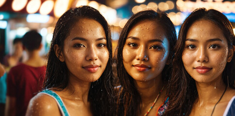 Obraz premium symbolic as Songkran festival thai water festival, three local young asian women played and celebrated until the end of the day, evening city nightlife