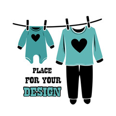 Minimalist Sleepwear Silhouette Logo – Pajamas and Baby Onesie on Clothesline with Heart Design
