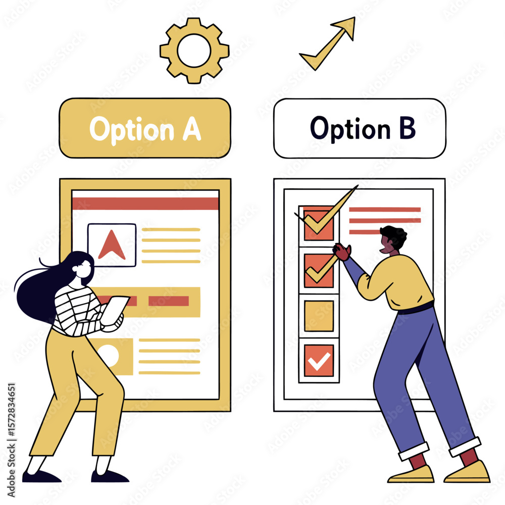 Poster people evaluating option a and option b with checklist, gear and arrow icons representing choices an