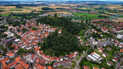 Aerial view around the old town in the city Gudensberg in hessen on an sunny spring afternoon in Germany	