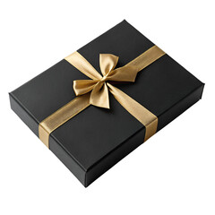 Black gift box with gold bow isolated on transparent background in luxury wrapping and stylish detail
