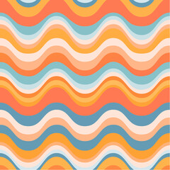 70s seamless vector pattern with abstract rainbow waves. Psychedelic background with colorful wavy lines. Fun groovy texture for surface design, wallpaper, wrapping paper, textile