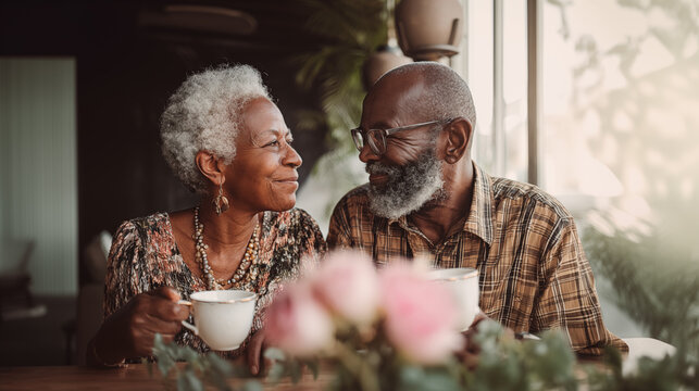 Lovely happy senior black couple enjoying a cup of tea at home. Elderly black man and woman looking at each other tenderly
