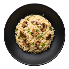 Mushroom risotto in a black plate isolated on transparent background with creamy texture and garnish
