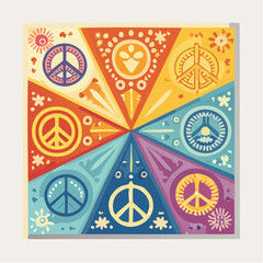 Set of colorful groovy posters in 70s and 60s hippy art style. Abstrcat peace gesture and positive phrases illustrations for prints and cards. Vintage nostalgia vector postcards