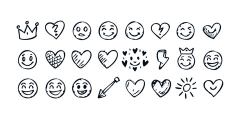 Smile doodle emoji faces in hand drawn vector doodle sketchy style. Happy, sad, crying emotional scribbles, comic elements for business design.