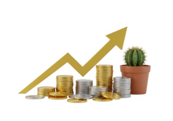 Stacks of gold and silver coins with a rising arrow and a cactus symbolize investment growth isolated on transparent background