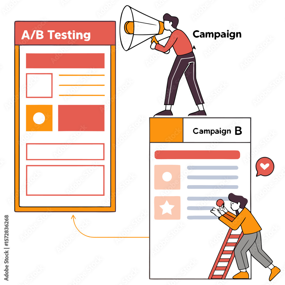 Poster illustration showing a b testing with a person using a megaphone and another on a ladder with campai
