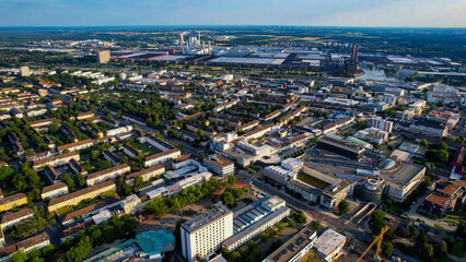 Aerial view around the downtown of the city Wolfsburg on an sunny spring day	
