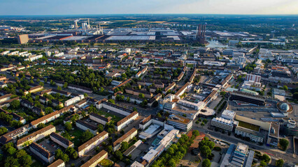 Aerial view around the downtown of the city Wolfsburg on an sunny spring day	
