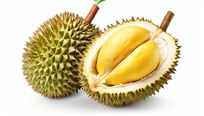 Obraz premium Durian fruit with cut in half and leaves isolated on white background 