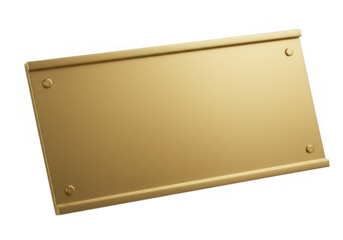 A blank gold metal plate is isolated on a transparent background, ready for customization