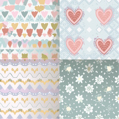 Set of y2k seamless vector patterns with hearts, thorns, flowers, checkered and psychedelic shapes. Glamour backgrounds for card, poster, banner design. Girly templates. Trendy covers in pastel ...