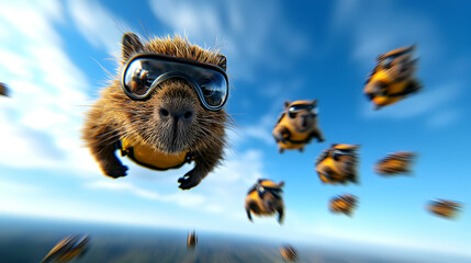 Fisheye view of a realistic 3D capybara skydiving adventure in midair

