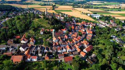 Aerial view around the old town in the city Felsberg in hessen on an sunny spring afternoon in Germany	