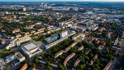 Aerial view around the downtown of the city Wolfsburg on an sunny spring day	

