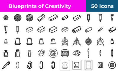 Architecture and art icon set for creative design and drafting, a collection of outline vector symbols for professional tools.

