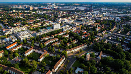 Aerial view around the downtown of the city Wolfsburg on an sunny spring day	
