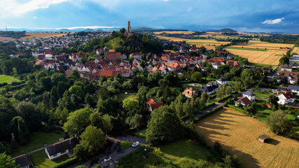 Aerial view around the old town in the city Felsberg in hessen on an sunny spring afternoon in Germany	