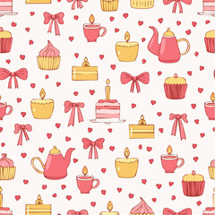 Coquette Vintage Bow and Ribbon Seamless Vector Pattern Featuring Candles, Cake, Cup, and Teapot, Whimsical Line Art Ideal for Wedding Invitations and Valentine&rsquo;s Day Cards.