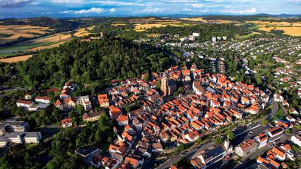 Aerial view around the old town in the city Homberg in hessen on an sunny spring afternoon in Germany	